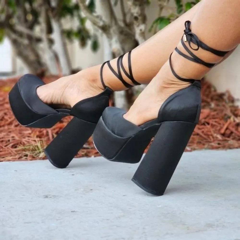 Womens Satin Platform Chunky Lace Up Heels Black Color - Picture 1 of 7